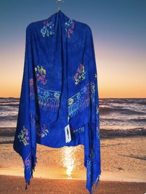 NWT Pineapple Moon Rayon Blue Batik Floral Sarong Wrap Skirt Swim Beach Cover-Up